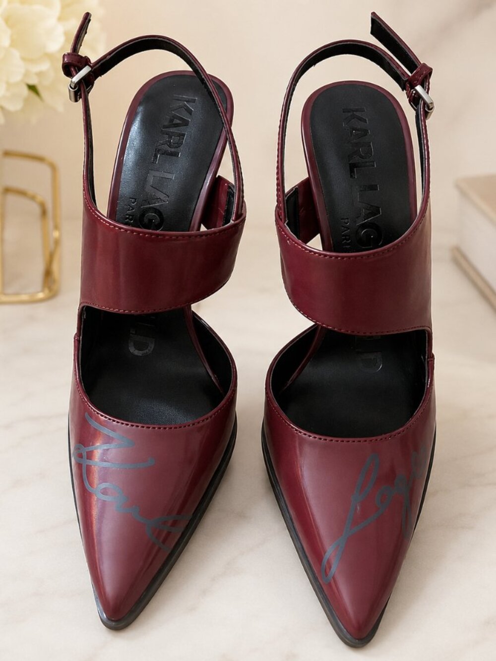 Karl Lagerfeld Burgundy Logo Slingback Heels – Size 7.5 NWOT